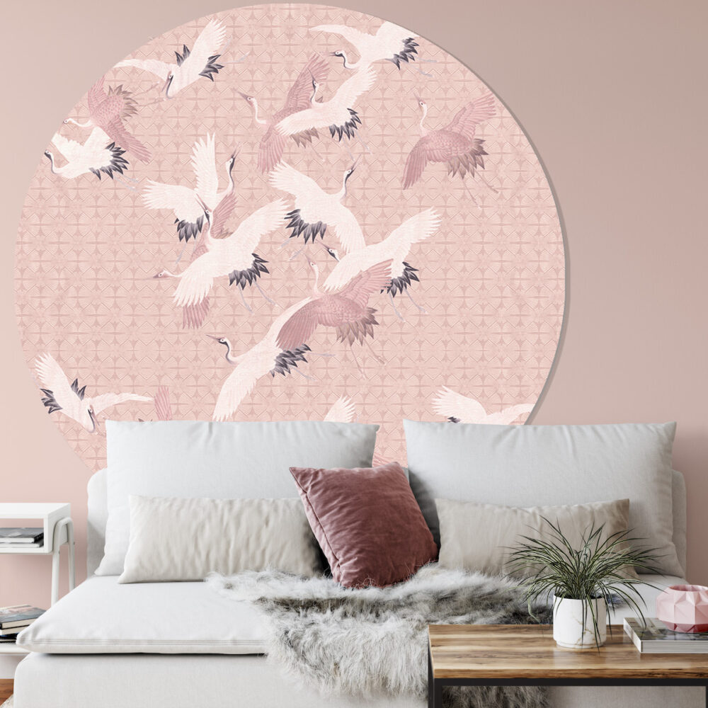 muurcirkel Japanse Kraanvogels roze